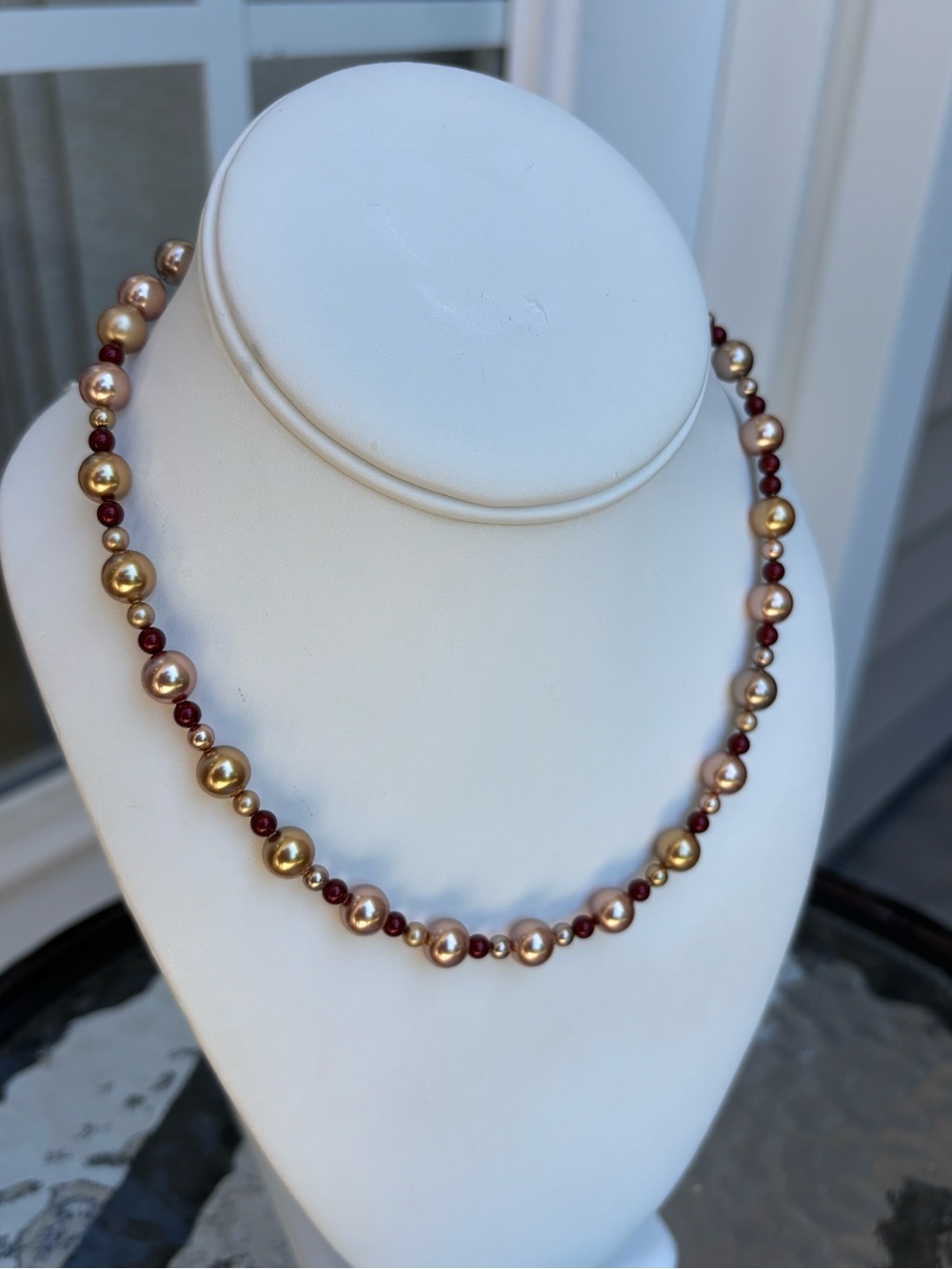 Gold and Burgundy Swarovski Pearl Strand Necklace for Women -17 “